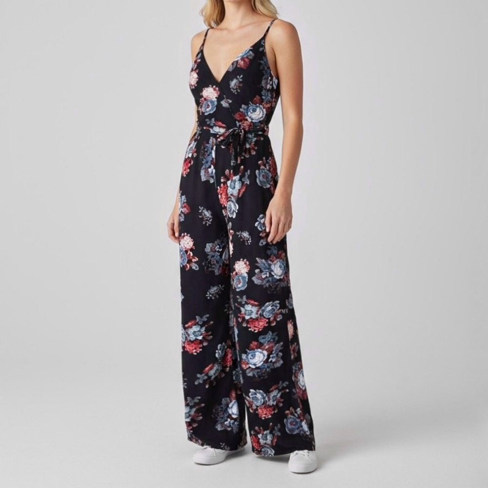 Boho Black Wide Leg Jumpsuit Floral Whimsygoth Plunge V-Neck Festival One Piece